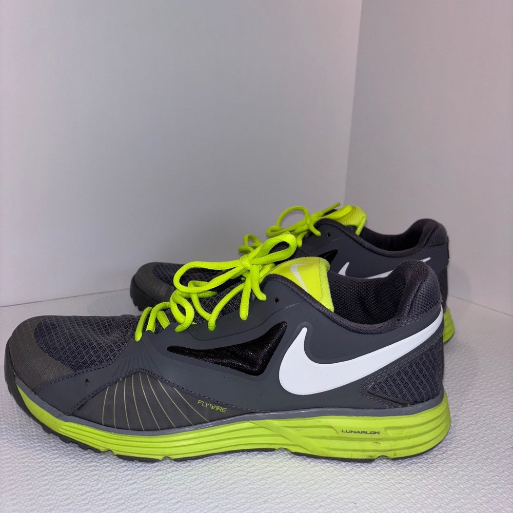 Nike Lunarlon Flywire Running Shoes Gray Green Athletic Mens Size 11.5